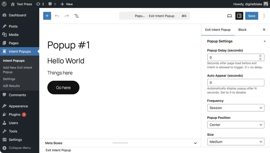 Exit intent popup editing UI in WordPress admin